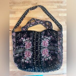 Johnny Was Black Velvet Tote with Pink Floral Embroidery
